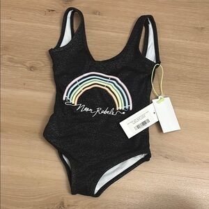 Black Swimsuit with Neon Rainbow Design